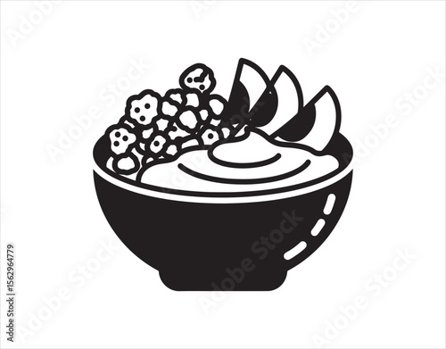 Nutritious food symbol. Crispy oat clusters paired with peach and yogurt for a delightful breakfast. Excellent health benefits. Dash diet idea. Solid flat design. Isolated silhouette vector graphic.
