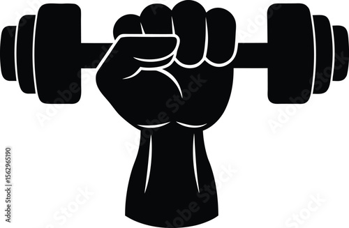 strong clenched hand fist holding lifting a barbell or dumbbell black silhouette vector