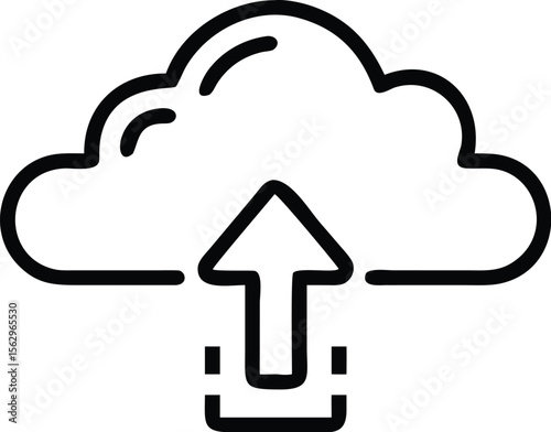 Vector art of a simple black outline icon of a cloud with an upward arrow, symbolizing data upload, isolated on white background