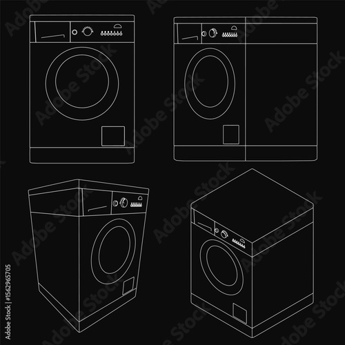 Four modern washing machines lined up on a sleek black background, each with a distinct design and vibrant color ranging from light blue to deep red. The minimalist composition highlights their clean.