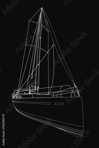 A black and white sailboat glides gracefully on a dark background, its sails billowing in the wind. The detailed hull and rigging stand out sharply, evoking a timeless nautical charm.