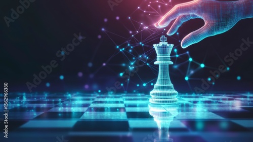 Wireframe chess queen on digital board, hand moving piece.