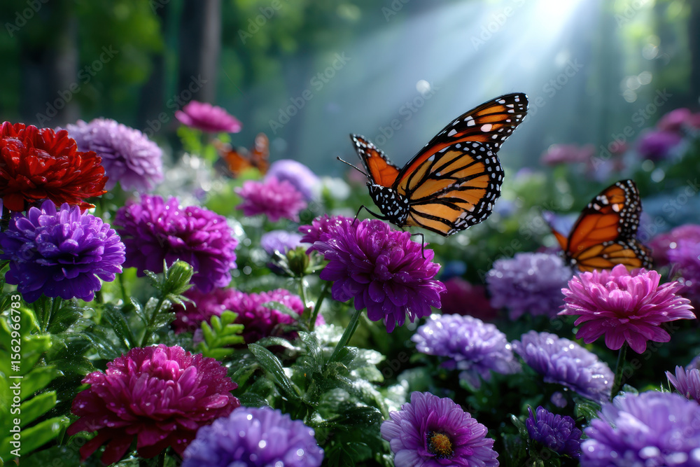 Obraz premium Colorful butterflies flutter among blooming flowers in a vibrant outdoor garden