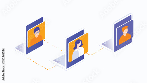 Isometric illustration of three profile cards connected by a dotted line on a white background