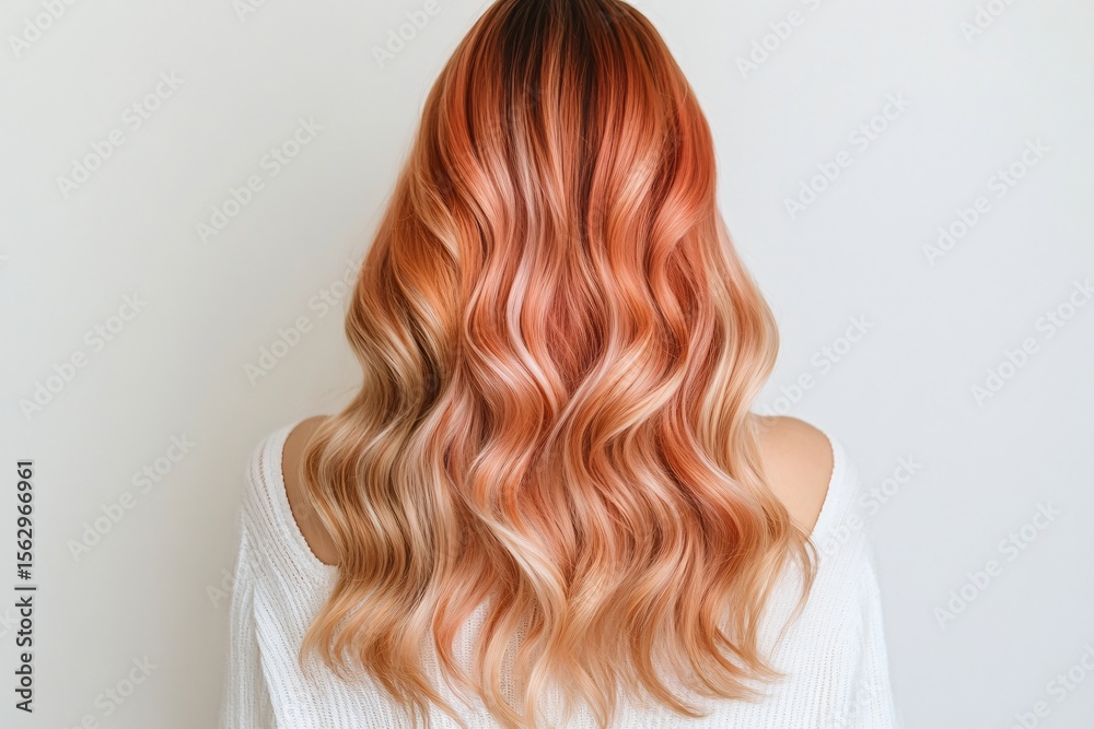 Fototapeta premium Stunning Coral and Blonde Balayage Wavy Hair Long Locks Back View