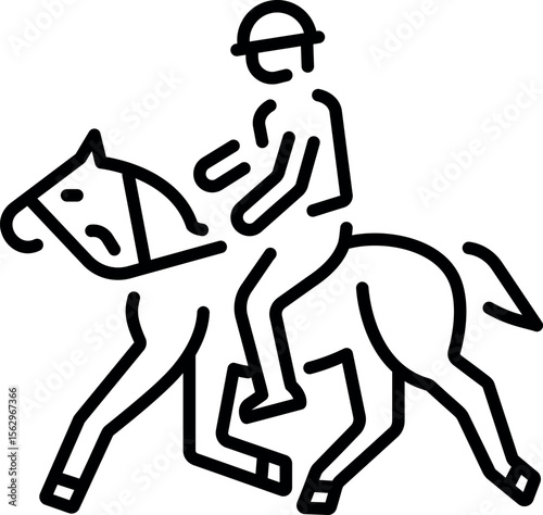 A linear icon representing a character doing horse riding 