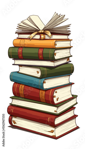 Stack of colorful books with open top book and ribbon decoration  