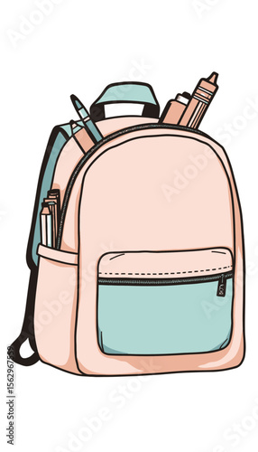 Colorful backpack with school supplies in light pastel colors  
