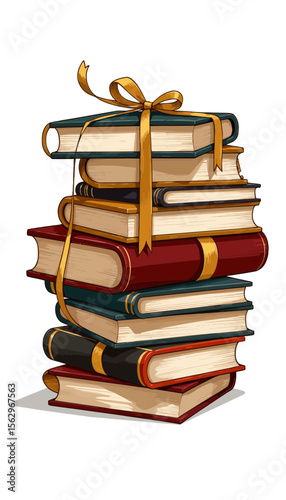 Stack of colorful books tied with a ribbon in gift style  