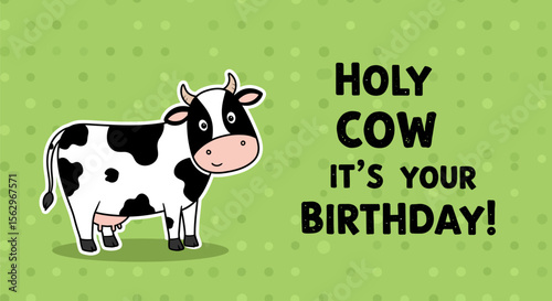 A funny cartoon cow illustration wishing happy birthday on green background, perfect for greetings and birthday cards.
