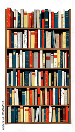 Colorful books arranged on a wooden bookshelf in neat rows  