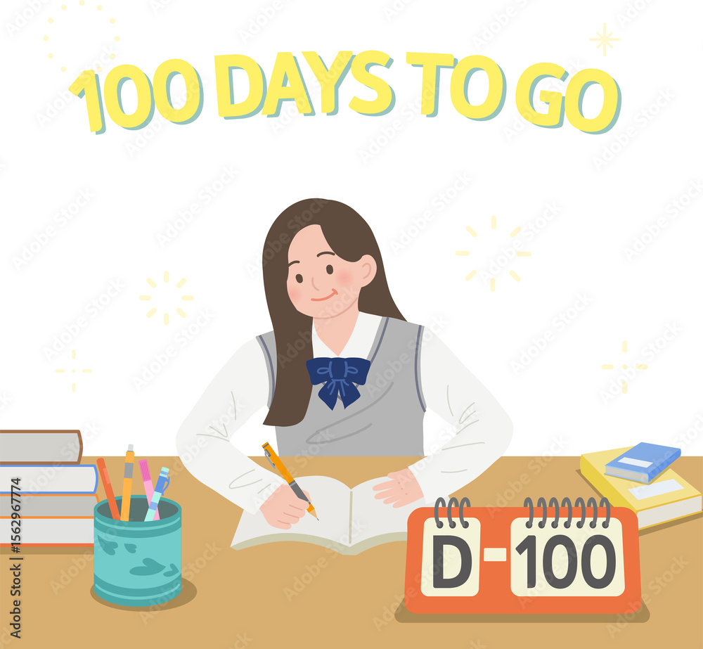 Naklejka premium Exam Motivation Poster – Girl Studying with '100 Days to Go' Message