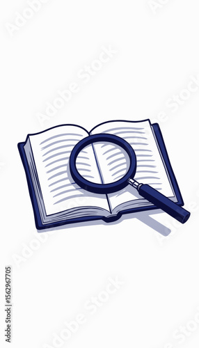Open book with magnifying glass for studying and analysis  