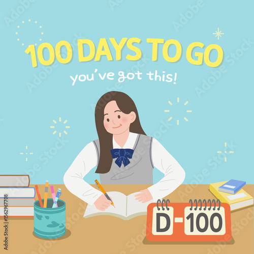 Exam Motivation Poster – Girl Studying with '100 Days to Go' Message