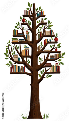Tree with bookshelves and apples in colorful illustration style  