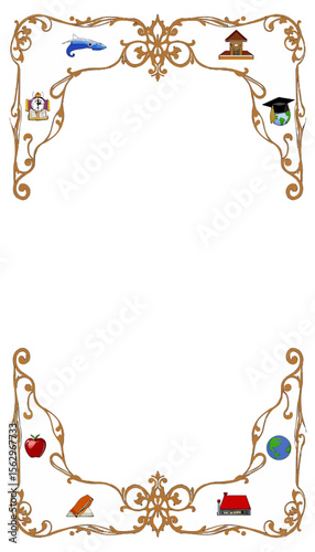 Decorative border with school and education icons on white background  