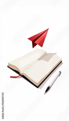 Open book with pen and red paper airplane flying above  