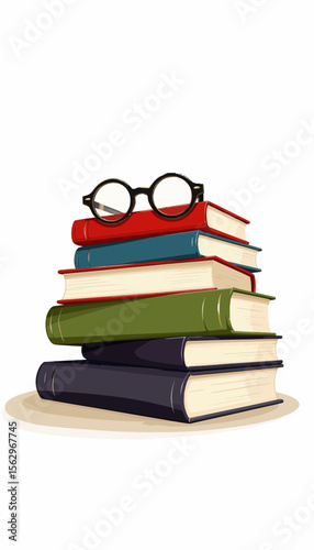 Stack of colorful books with glasses on light background  