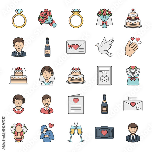 Wedding Icons Celebrate Love with Elegant Illustrations of Rings, Cakes, and More