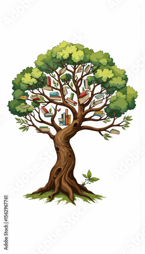 Tree with books hanging from branches in a vibrant illustration  