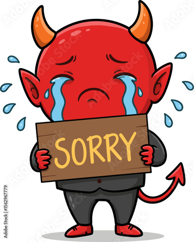 Cartoon devil is crying while holding a sign that says sorry, demonstrating sadness and regret in a comical manner.