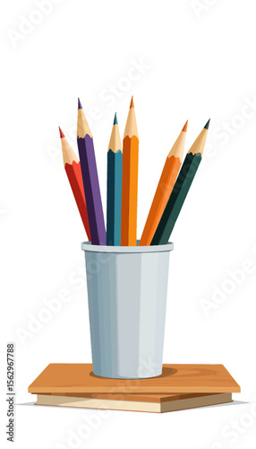 Colored pencils in a cup placed on wooden surface  