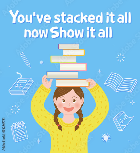 An illustration of exam encouragement featuring a girl building books on her head