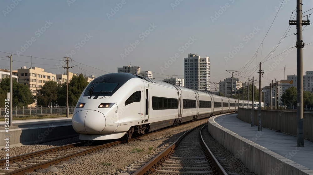 Fototapeta premium Modern high-speed train traveling along tracks, passing urban cityscape.