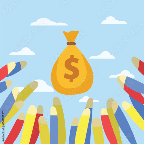 people who want to take a big bag of money. a bag of money flying. people want money. simple illustration design