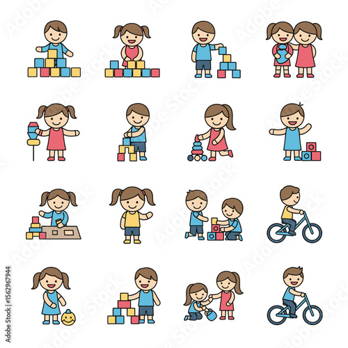 Adorable Kids Playing with Blocks, Bikes, and Toys Fun Childhood Activities Illustrations