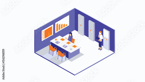 Isometric view of a conference room with people, table, chairs, and presentation screens displayed