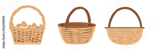 Set of three rustic woven wicker baskets with handles in different shapes and shades isolated on white vector illustration for picnic harvest garden storage and gift packaging