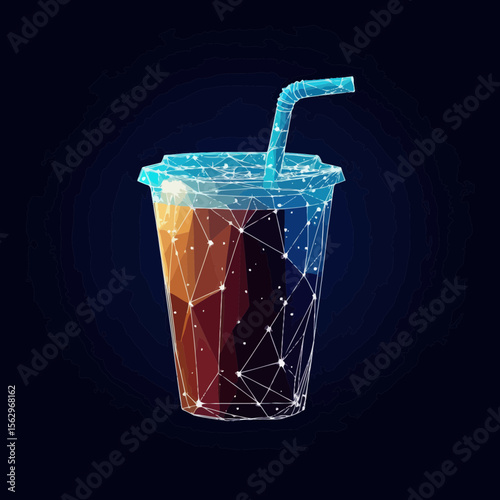 Low poly polygonal cola cup with straw digital wireframe illustration in futuristic starry space style vector image