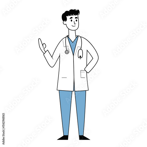 Minimalist line art illustration of male doctor standing with stethoscope on neck wearing medical coat and scrubs in flat vector style