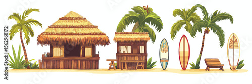 Tropical beach tiki bar with thatched roof huts palm trees surfboards wooden bench summer island vacation vector illustration in flat minimalist style