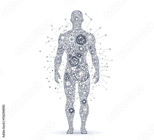 Human silhouette composed of interconnected gears and mechanical cogs with network nodes representing technology and biomechanical integration concept on white background