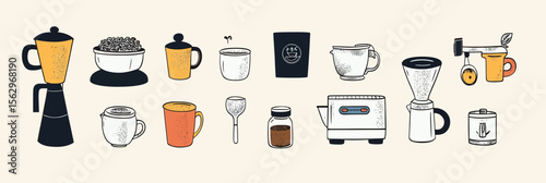 Flat minimalist vector illustration collection of coffee brewing equipment including espresso machine, grinder, cups, milk pitcher, coffee pot, filter, and accessories in hand drawn doodle style