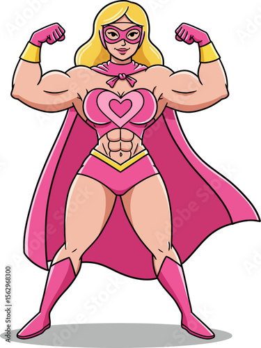 Cartoon illustration of a powerful woman superhero, flexing her muscles and wearing a pink suit with a heart