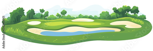 Minimalist golf course landscape with sand bunkers water hazards and trees vector illustration in smooth flat 3d style isolated on white background