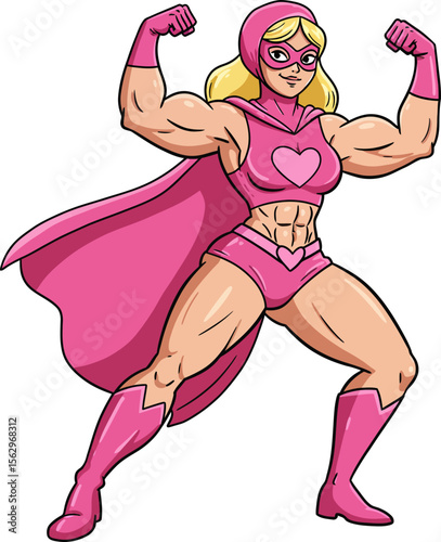 Powerful blond superhero flexing muscles is ready to save the day with her pink heart emblazoned costume and incredible strength.
