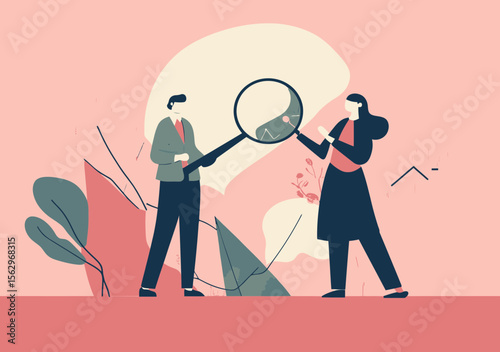Business people examining chart analysis with magnifying glass and optimization tools, data research and growth concept flat vector illustration