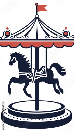 Minimalist flat vector illustration of black carousel horse on merry go round with red and white canopy and flag amusement park ride icon design
