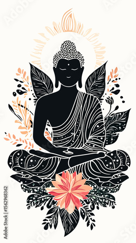 Silhouette Buddha sitting meditation lotus flower decorative leaves and natural ornamental patterns flat vector illustration spiritual mindfulness and inner peace