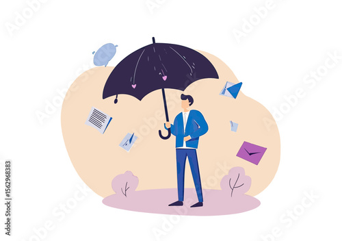 Businessman holding umbrella protecting from falling documents letters email and paper clutter flat vector illustration of office stress and workplace pressure defense concept