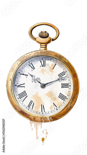 Vintage gold pocket watch with Roman numerals and classic ornate hands, detailed watercolor style timepiece illustration with textured face and metallic shine effects