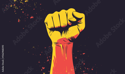 Raised fist silhouette in yellow and red colors symbolizing power strength protest revolution unity and empowerment on dark grunge background vector illustration