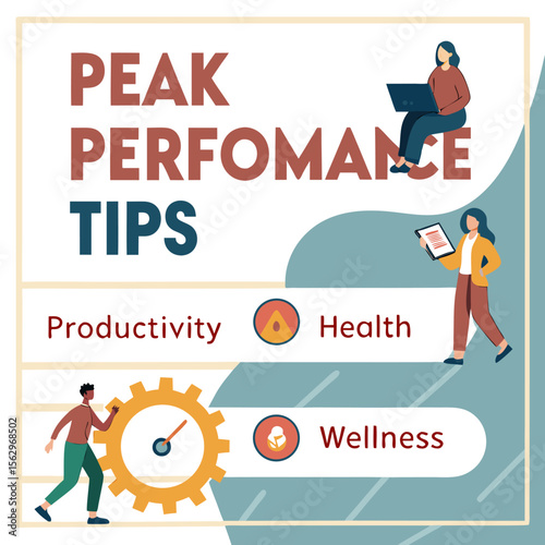 Peak performance tips for productivity health and wellness illustrated with people working and icons representing success and growth