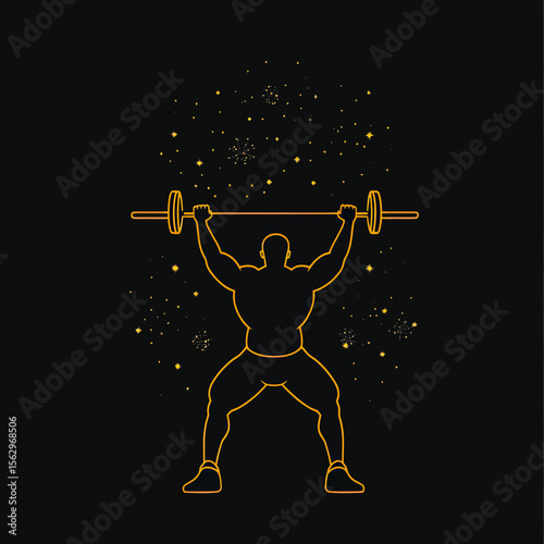 Glowing orange silhouette of muscular weightlifter performing overhead barbell lift with starry sparks on dark background vector illustration