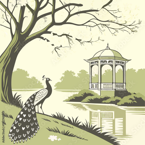 a peacock standing on a hill next to a gazebo