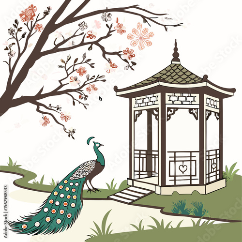 a peacock standing next to a gazebo